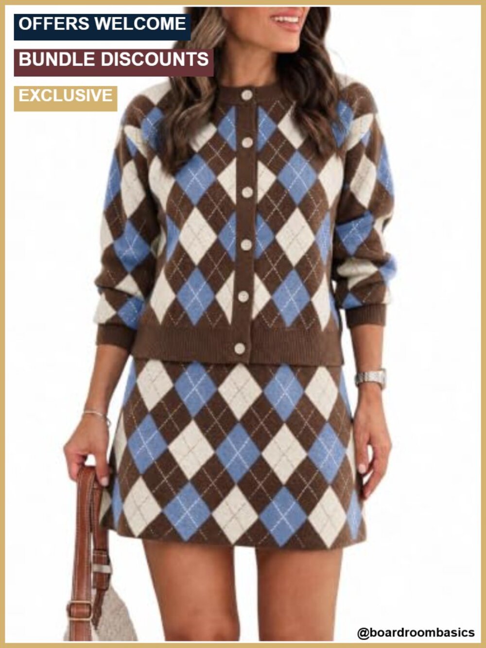 Women's 2 Piece Argyle Sweater Skirt Set Lounge